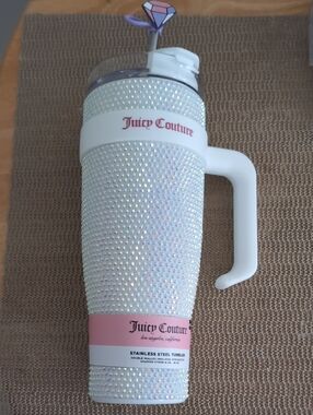 Juicy Couture Iridescent Crystal White and Pink Tumbler w/ Handle New